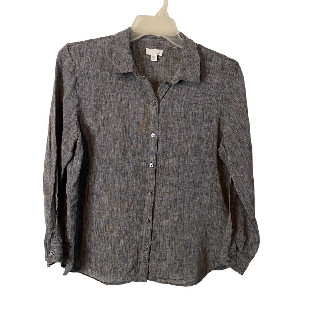 J. Jill Love Linen Grey Button Down Shirt Petite Medium Long Sleeve Top